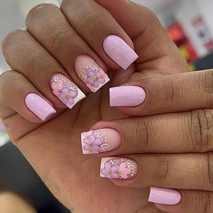 24pcs Short Square Press on Nails Jade Flower Sparkling Powder Designs Fake Nails with Glue Green Gradient Full Cover Nail Tips