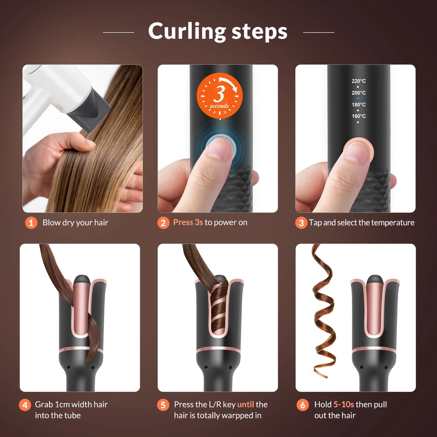 Automatic Curling Iron Electric Automatically Curly Tongs Hair Curler Machine Portable Professional Auto Rotating Wand Curl