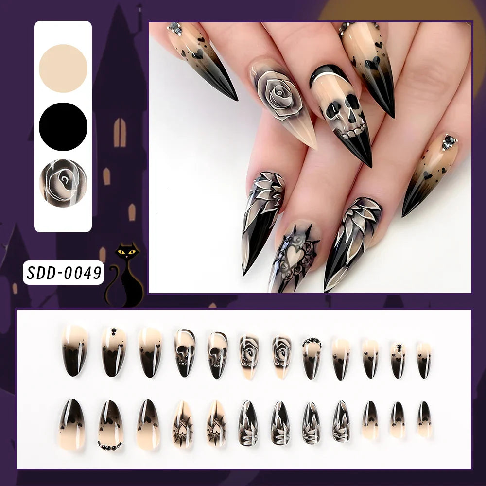 24Pcs 3D kuromi press on nails Y2K Cartoon Handmade Fake Nails Black Gel nail Wearable Nails Cinnamoroll Melody Anime False Nail