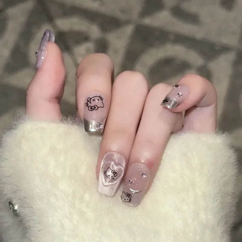 10PCS Purple Cat Eye Handmade Medium Square Fake Nails Sweet Cartoon Cat Patterns Silver French Press on Nails Korean Nail Tips