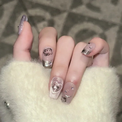 10PCS Purple Cat Eye Handmade Medium Square Fake Nails Sweet Cartoon Cat Patterns Silver French Press on Nails Korean Nail Tips