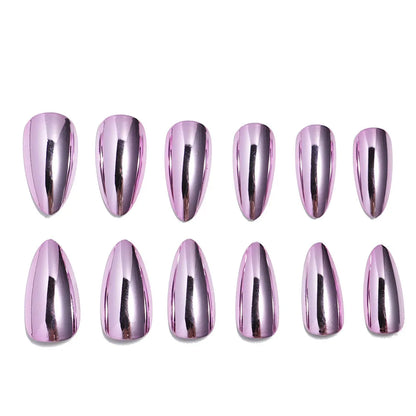24pc/set Medium almond fake nails metallic mirror red black purple blue golden tips faux ongles y2k press on acylic false nail