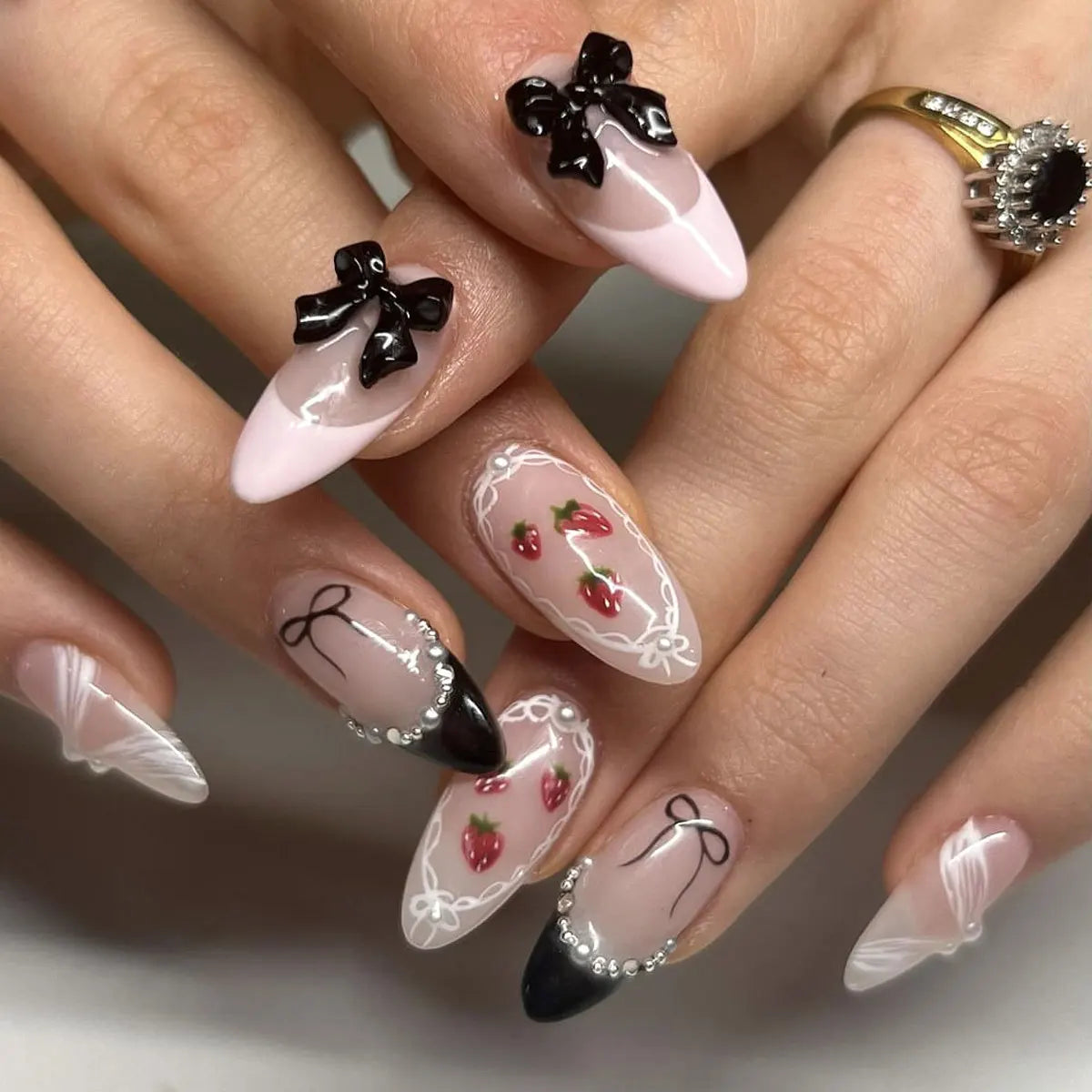 24Pcs Almond White French Press on Nails Pearl Bow False Nail Short Rhinestones Removable Nail stickers for Women and Girls