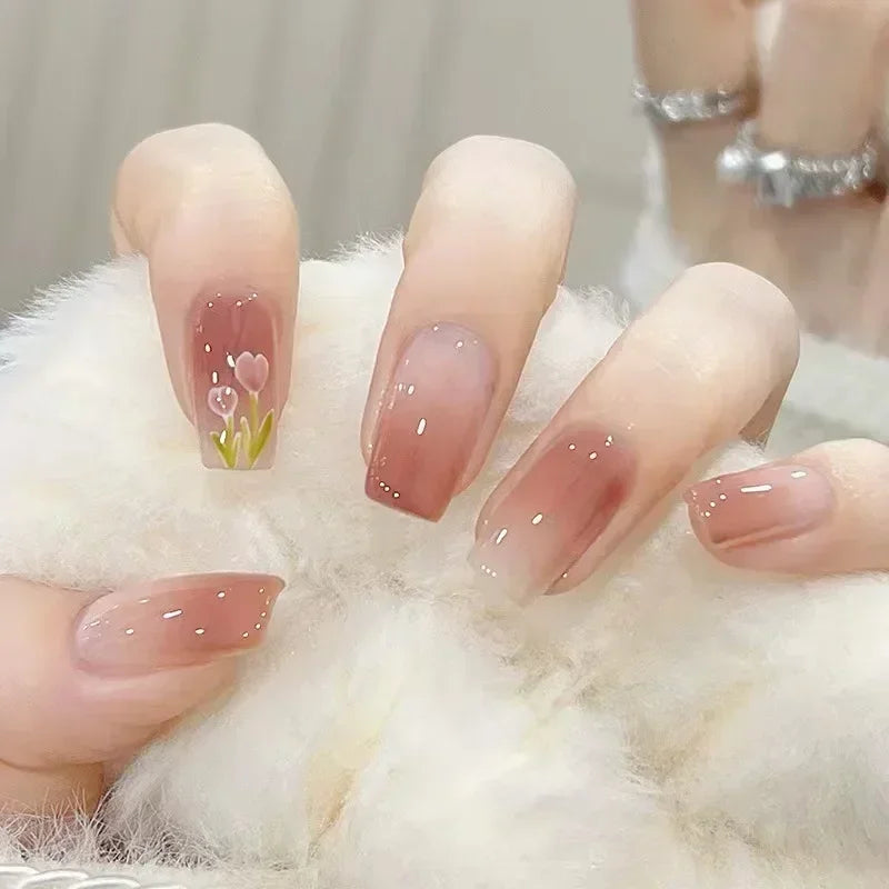 24Pcs Short Ballerina False Nail Tips with Pearl Detachable French Fake Nails Pink Cute Full Cover Press on Nails Manicure Tools