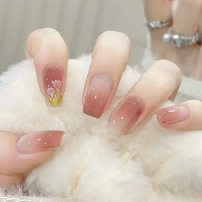 24Pcs Short Ballerina False Nail Tips with Pearl Detachable French Fake Nails Pink Cute Full Cover Press on Nails Manicure Tools