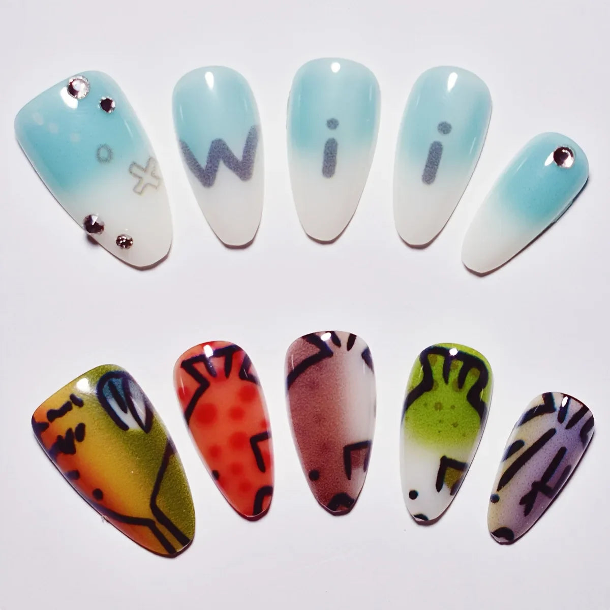 10pcs Handmade Press on Nails Cartoon Shark Pattern Design Fake Nails Wearable Detachable Ins Simple Almond Shaped False Nails