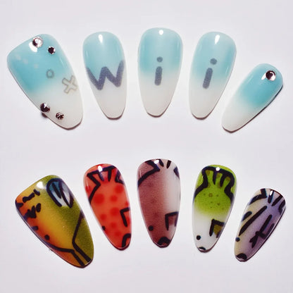 10pcs Handmade Press on Nails Cartoon Shark Pattern Design Fake Nails Wearable Detachable Ins Simple Almond Shaped False Nails