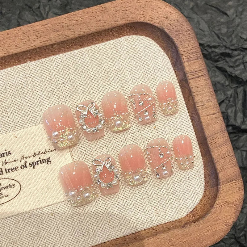 10Pcs Short Ballerina Handmade Press on Nails Blue Cat Eye Fake Nails Wearable Stick-on Nails Full Cover False Nail Uñas 네일팁