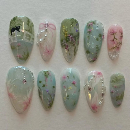 24pcs Sweet False Nail Patches Detachable Fake Nail Tips With Bowknots Love Heart Pearl Design Pink Almond Korean Press On Nail