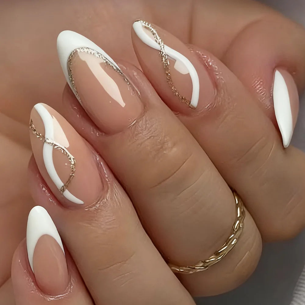 24pcs/set Medium fake nails for women girls almond tips french style strips golden white black yellow press on false nail art