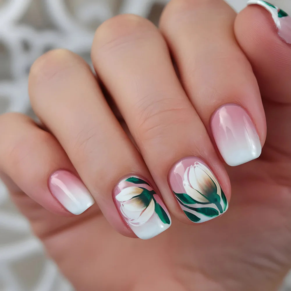 24pcs Short Square Press on Nails Jade Flower Sparkling Powder Designs Fake Nails with Glue Green Gradient Full Cover Nail Tips
