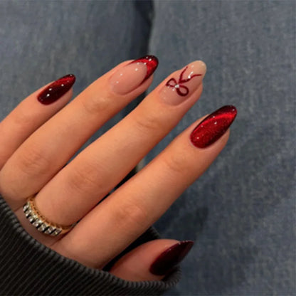 24pcs Cat's Eye Press on Nails Sets Simple Red Long Almond Fake Nails Tips Bow Design False Nail Rhinestone Round Head Manicure