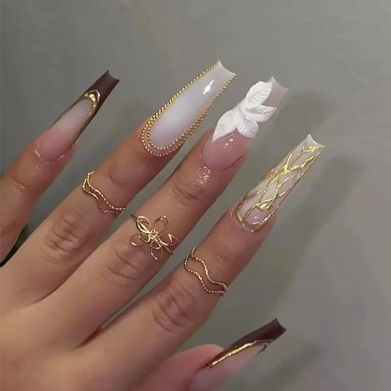 24Pcs Gold French Border False Nails Long Coffin False Nails with Rhinestones Ballerina Full Cover Nail Tips Press on Nails
