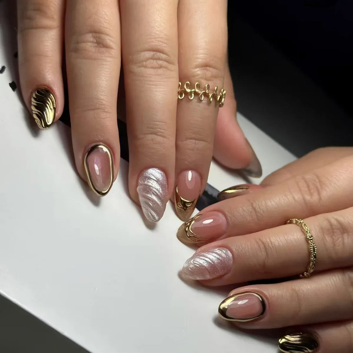24pcs French Almond Fake Nails Gold Edge Glitter Press on Nails Swirl Metal Nail Art False Nail Full Cover Nail Tips False Nais
