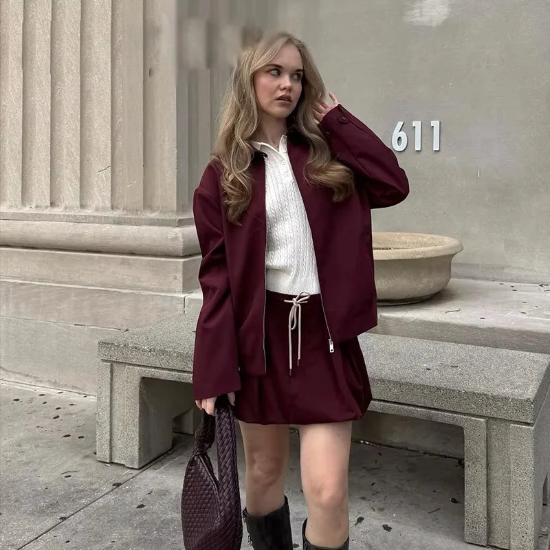 2025 Women Solid Wine Red Jacket Coat Long Sleeve Zipper Cropped Tops Female Casual Chic Tops Woman Fashion High Street