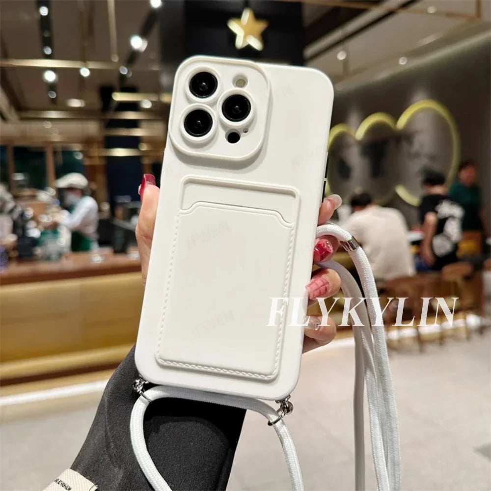 Flat Rope Solid Color Card Bag Phone Case For Xiaomi Redmi Note 14 13 12 Pro 11 10 Pro Plus 11S 10S Hanging Rope Soft Silicone