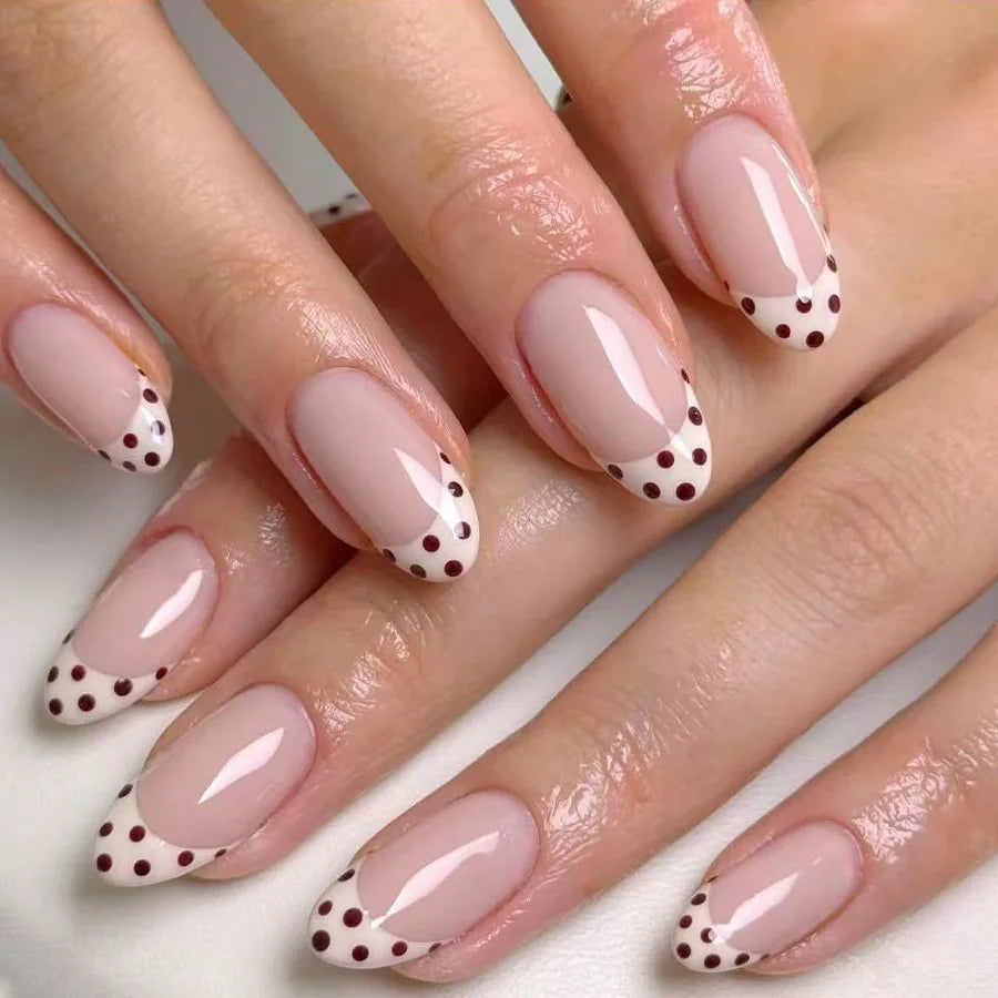 24pcs Blue Press on Nails with Polka Dot Pattern Design Almond Full Cover Nail Tip Flower Rhinestone False Nail French Fake Nail