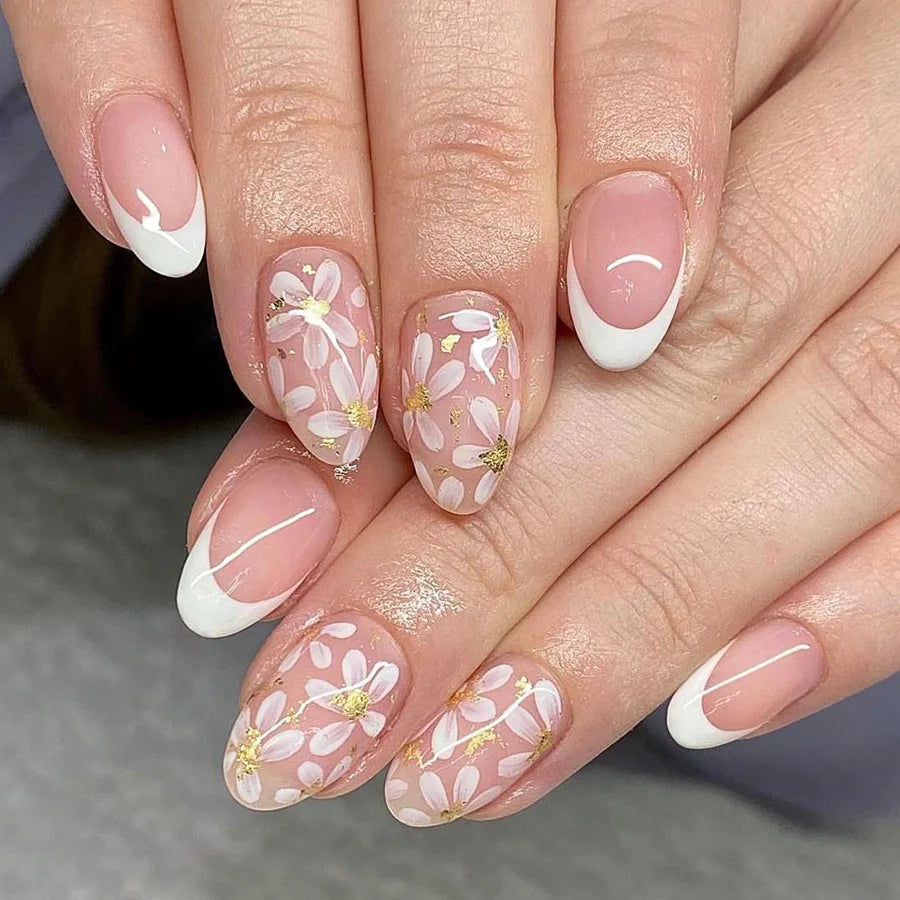 24Pcs Short Almond Press-On Nails Pink Floral French Tip Glossy&Elegant Full Cover Fake Nails for Women&Girls Spring,Daily Wear