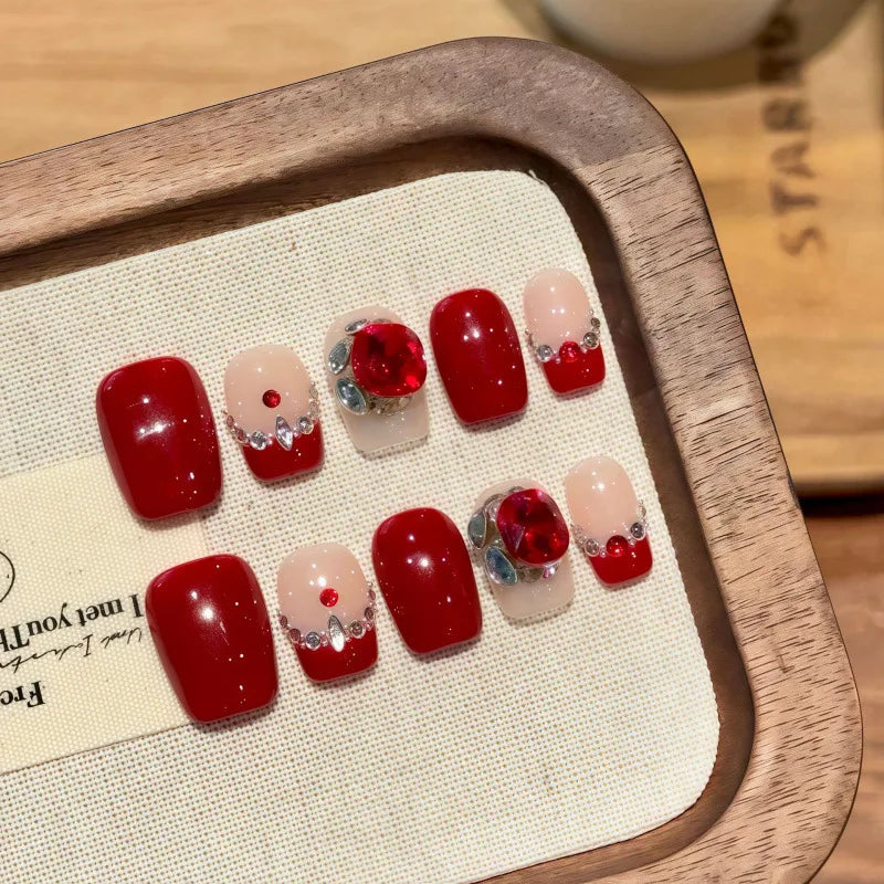 10Pcs Red Cat Eye Handmade Press on Nails Flower Fake Nails Wearable Stick-on Nails Full Cover False Nail Uñas Postizas 네일팁