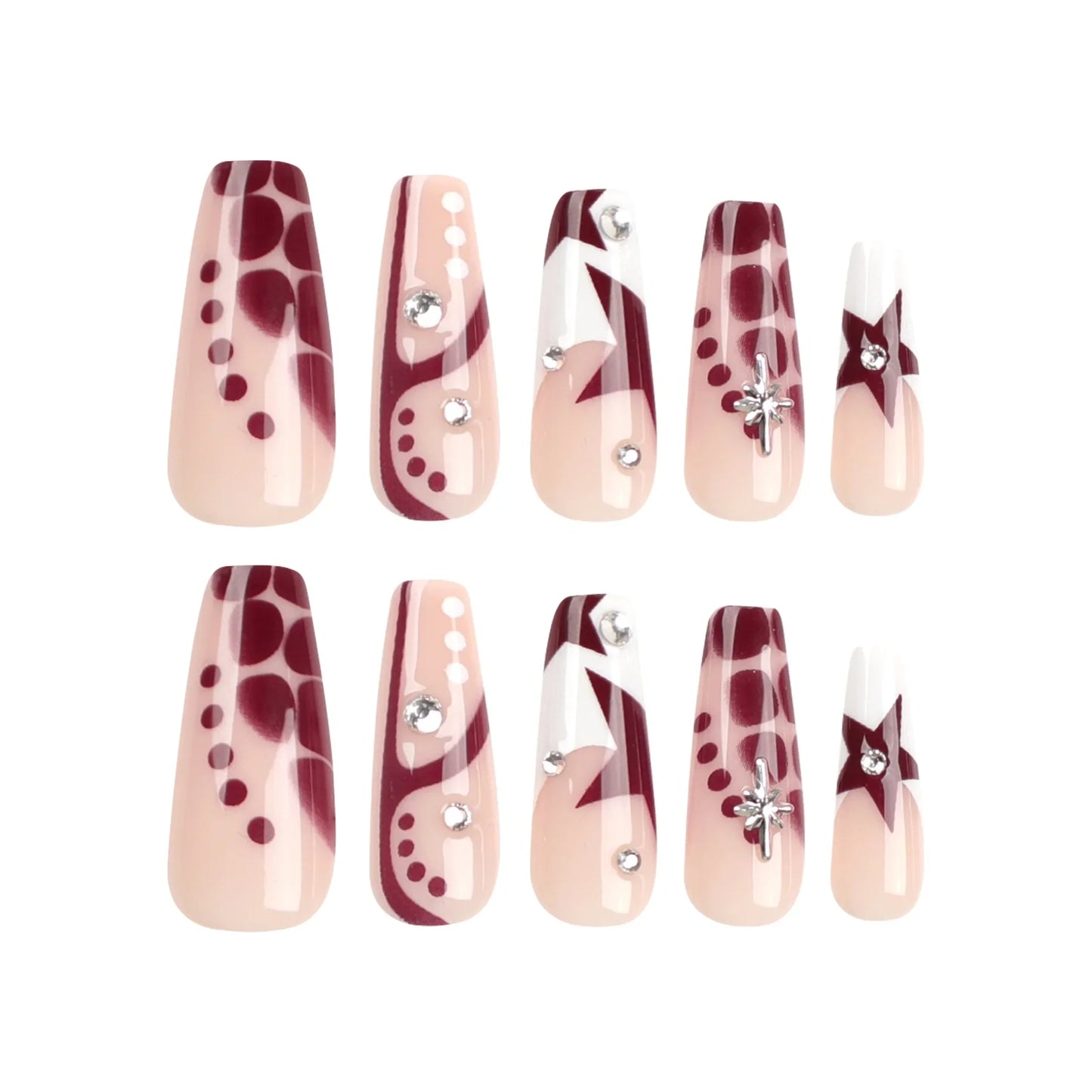 y2k Red Star False Nails Patches White French Press on Nail with Crocodile Women Girl Wearable Acrylic Nail Tips Manicure Gifts