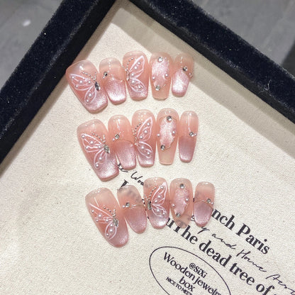 Handmade Press on Nails Shiny Pink Cat Eye Pearl Fake Nail Tips For Girl Women Wearable Full Cover Korean Sweet False Nails