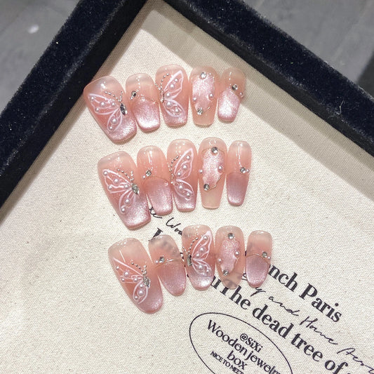 Handmade Press on Nails Shiny Pink Cat Eye Pearl Fake Nail Tips For Girl Women Wearable Full Cover Korean Sweet False Nails