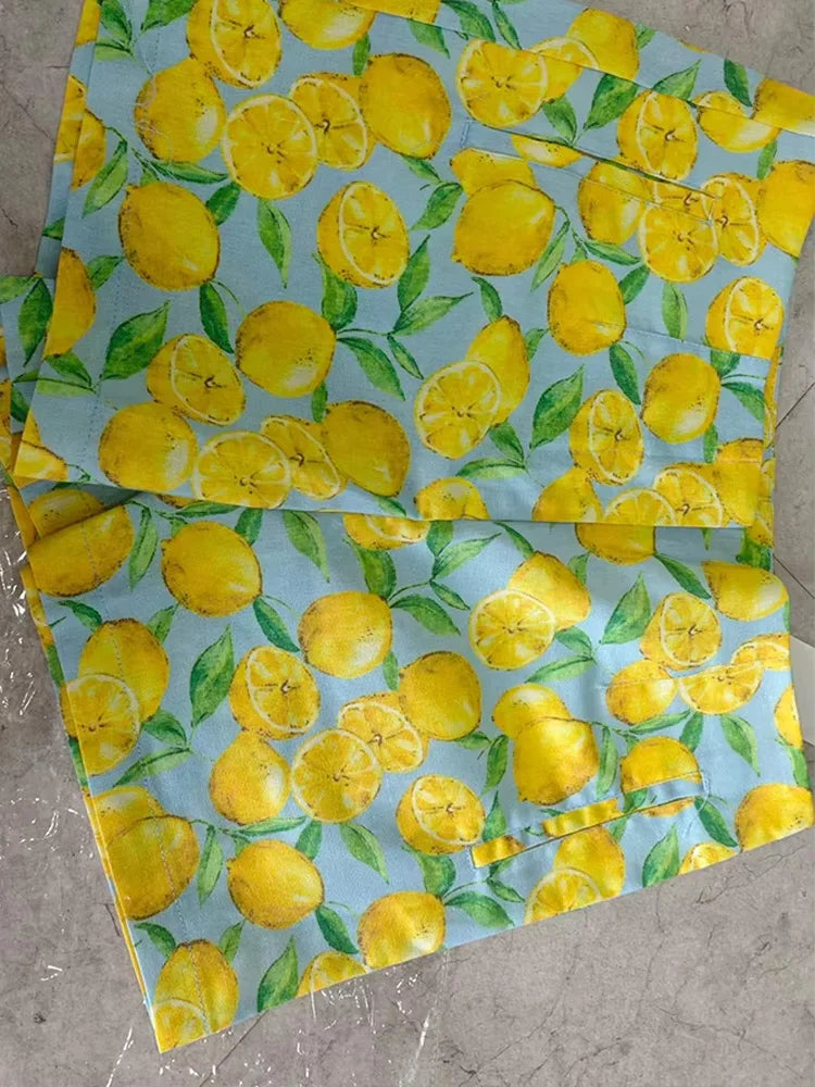 2024 Women Yellow Lemon Print Casual Shorts Y2k Woman Fashion Summer High Waist Zipper Slim Shorts For Beach Party