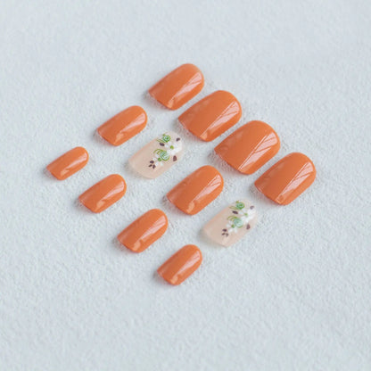 24pcs Short Square Amber Flower Fake Nail with Glue Wearable Autumn Designs Press on Nails Full Cover  Acrylic False Nails Tips