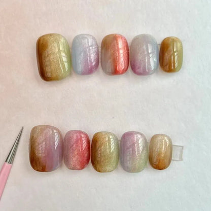 10Pcs Short Handmade Press On Nails Full Cover Flower Design Summer Colorful Rhinestone False Nails Wearable Manicure Nail Tips
