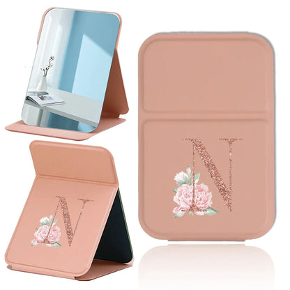 Fold Desktop Makeup Mirror Handheld PU Travel Makeup Mirror Portable Leather Anti Slip Pocket Mirror Rose Gold Letter Pattern