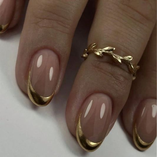 24Pcs Golden French Fake Nail with Almond Head Design Simple Oval False Nails Wearable Press on Nails Full Cover Nail Tips