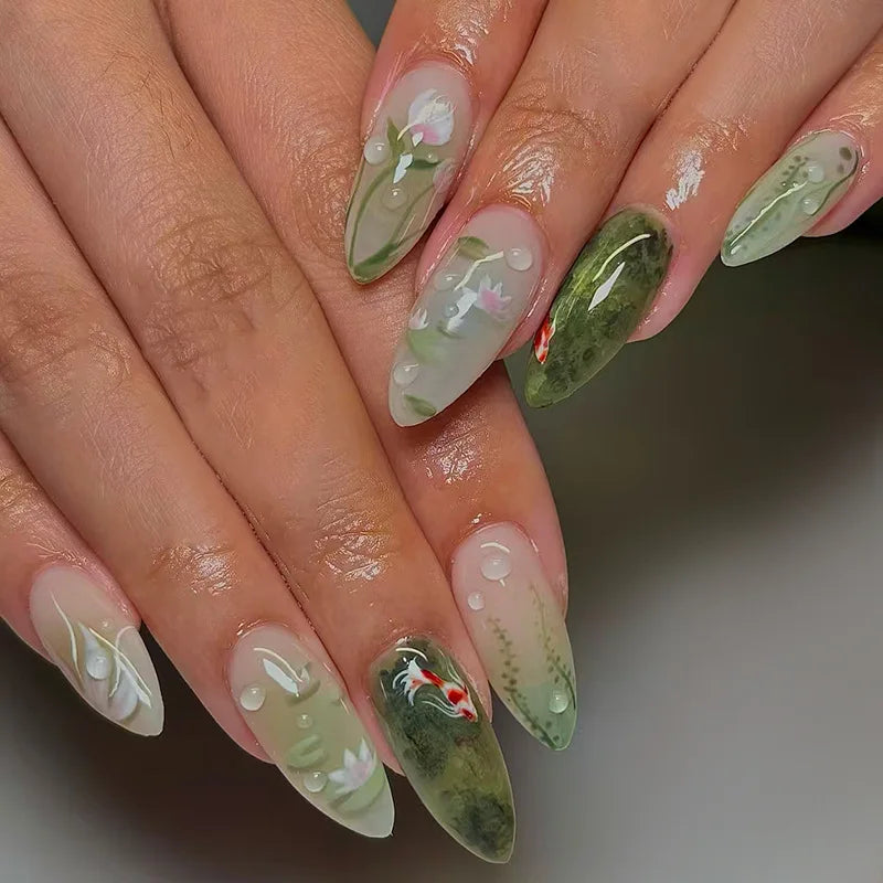 24pcs Summer Fresh Green Press On Naills Lotus Flower Gold Fish Pattern Printed Fake Nails Glossy Almond Detachable False Nail