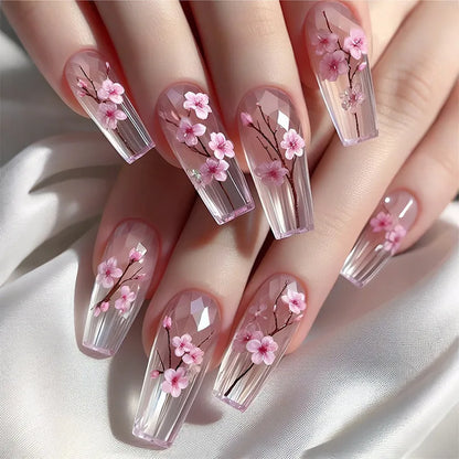 24pcs Short Square Press on Nails Jade Flower Sparkling Powder Designs Fake Nails with Glue Green Gradient Full Cover Nail Tips