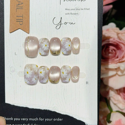 10Pcs French Handmade Press on Nails White Flower Fake Nails Wearable Stick-on Nails Full Cover False Nail Накладные Ногти 네일팁