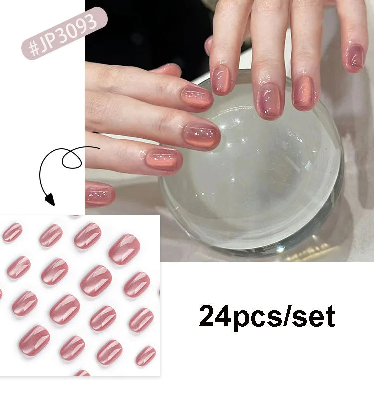 24pcs/set cat eyes fake nails for women girls red brown green blue grey sparkling short tips faux ongles press on false nail