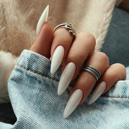 24Pcs Long Almond Fake Nails with White Edge Design Wearable French Press on False Nails Simple Full Cover Nail Tips Manicure