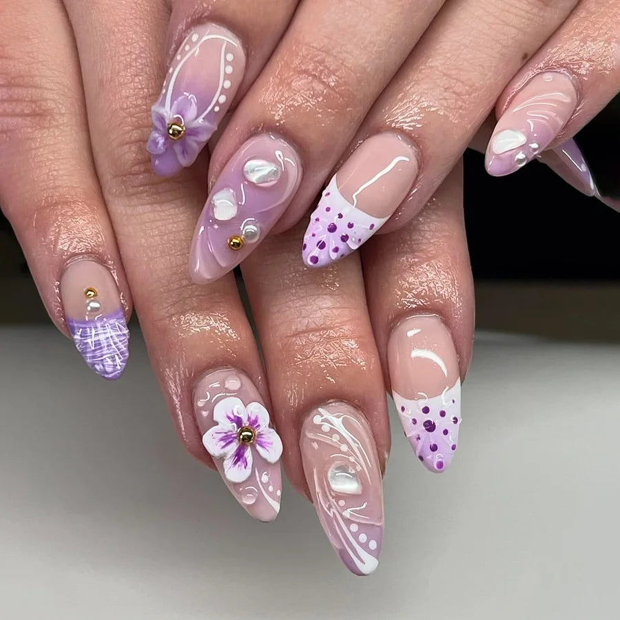 Pink Magic Mirror French 3D Flowers Nail Art Fashion Almond Wearable False Nails Detachable Finished Fake Nails Press on Nails