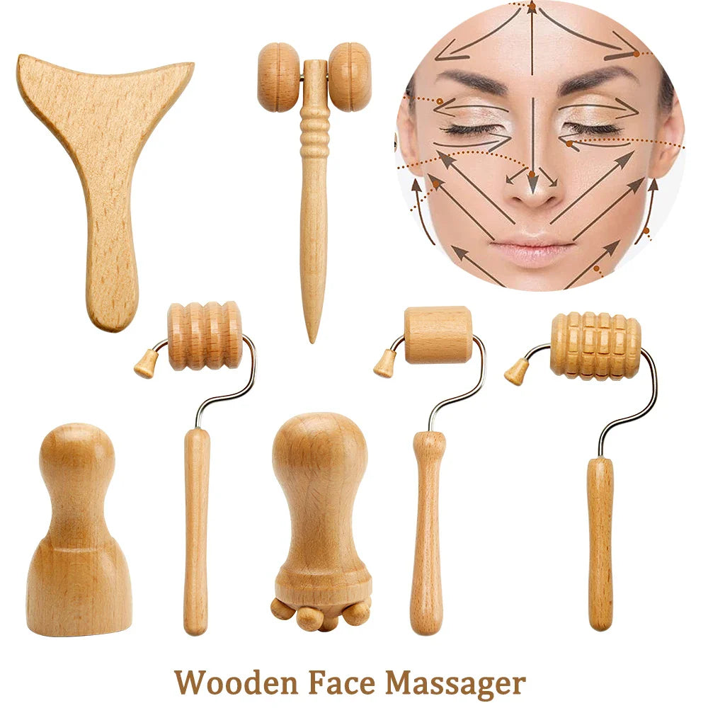 Face Massage Roller Wooden Facial Maderotherapy Lifting Wood Therapy Massage Kit Anti-Cellulite Facial Lifting Wrinkle Remover