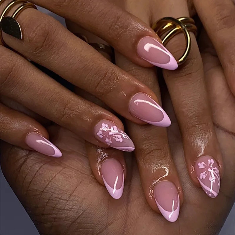 24pcs French Simple Fake Nails Ins White Edge Nude Color False Nail Tips Almond Stick on Nail Patch for Girl Lady Manicure Tools