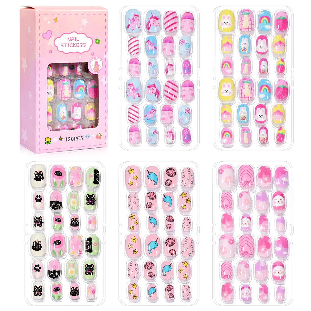 120Pcs/box Cartoon Girl Fake Nail Tips 5-12Year Cute Princess Cat/Rabbit/Unicorn Press-On Nail DIY Kawaii Girl Manicure Tip