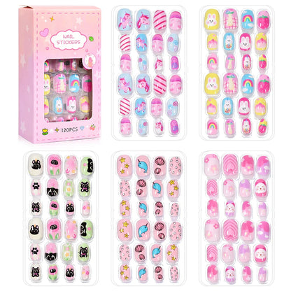 120Pcs/box Cartoon Girl Fake Nail Tips 5-12Year Cute Princess Cat/Rabbit/Unicorn Press-On Nail DIY Kawaii Girl Manicure Tip