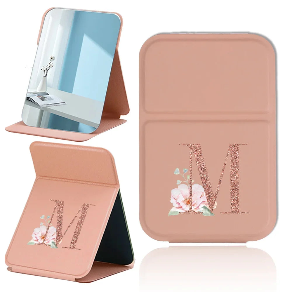 Fold Desktop Makeup Mirror Handheld PU Travel Makeup Mirror Portable Leather Anti Slip Pocket Mirror Rose Gold Letter Pattern