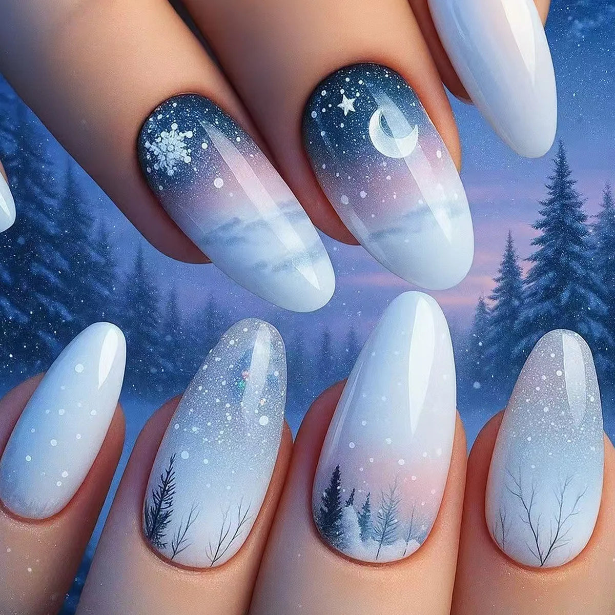 Medium Long fake nails for Christmas Black red blue nail tips white snowflakes fireworks Square almond tips press on false nails