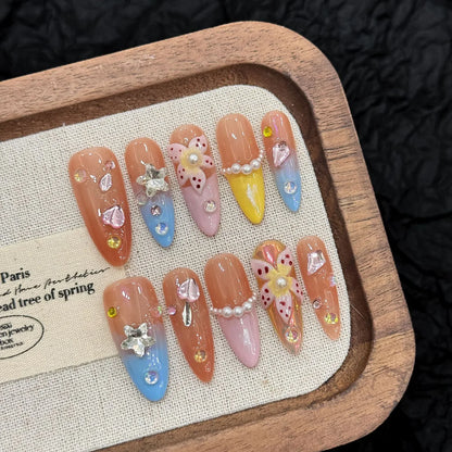 10pcs Handmade Press On Nails 3D Colorful Summer Sea Starfish Designs False Nail Patches For Women  Wearable Almond Fake Nails