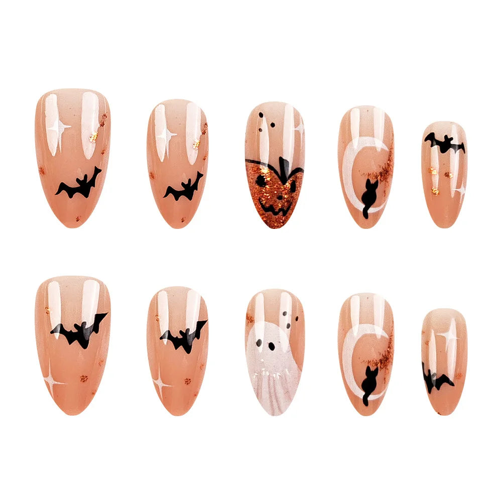 24pcs Simple Almond Press on Nails Cute White Ghost Bat Decor False Nails Wearable Reusable Spicy Cool Halloween Fake Nail Tips