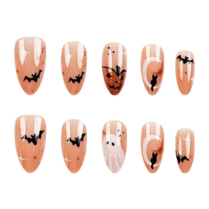 24pcs Simple Almond Press on Nails Cute White Ghost Bat Decor False Nails Wearable Reusable Spicy Cool Halloween Fake Nail Tips