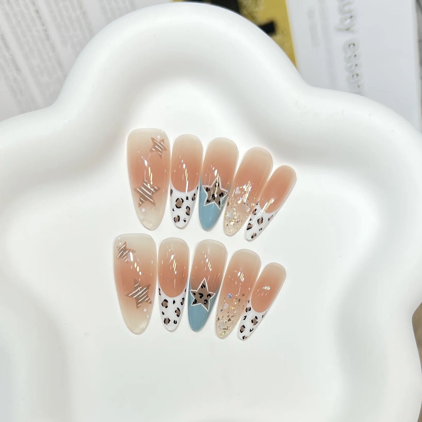 10pcs Long Almond Pink Leopard Print Flower Blush French Cat Eye Bow Resin Fake Nails for Parties Wedding DIY Manicure
