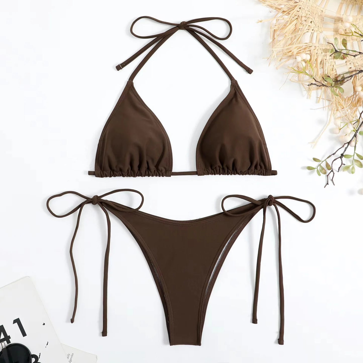 Bikini three-point swimsuit sexy drawstring strap halter bikini solid color lace-up split swimsuit