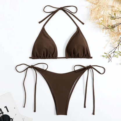 Bikini three-point swimsuit sexy drawstring strap halter bikini solid color lace-up split swimsuit