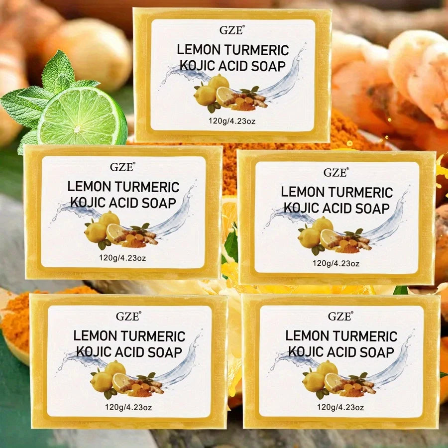 5 Pack GZE Body Restore Lemon Turmeric Kojic Acid Soap, with Shea Butter, For Face Dark Spots, Body, Rejuvenating, Exfoliating